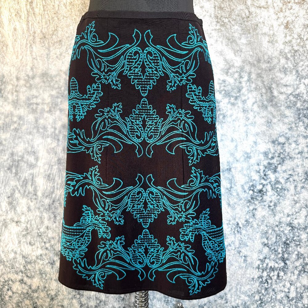 ETCETERA Wool Dark Brown & Teal Embroidered Skirt - Size 0
